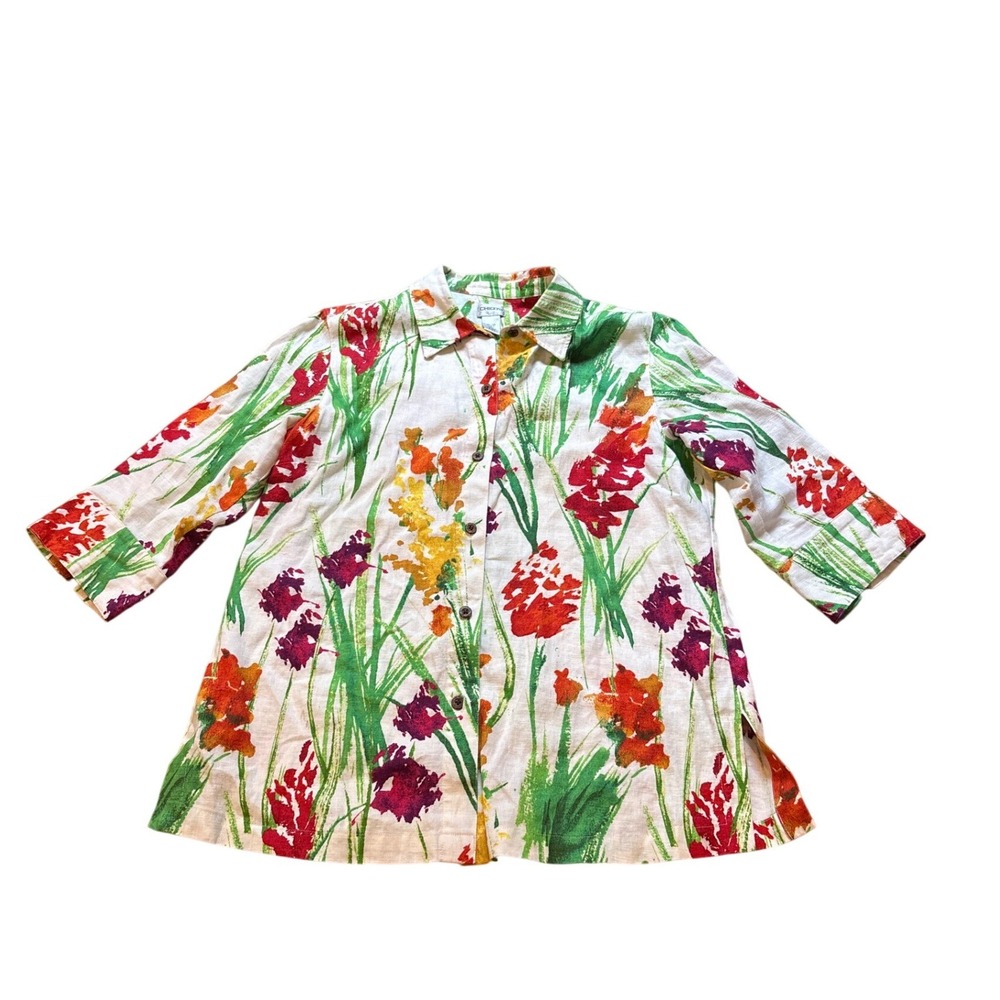 Chico's Button Down Shirt Women White‎ Floral Linen Boho 3/4 Sleeve SIZE 2 12-14